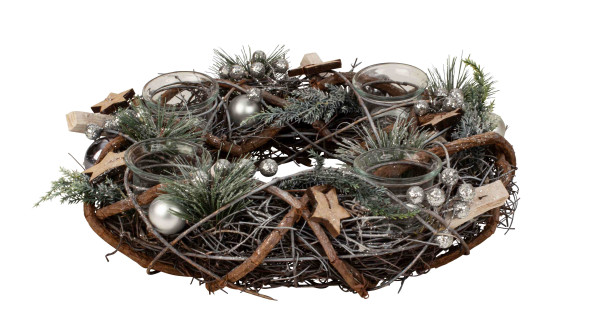 Weihnachtlicher Adventskranz rund mit silber/grün/brauner Dekoration für Teelichter ⌀ 34 cm