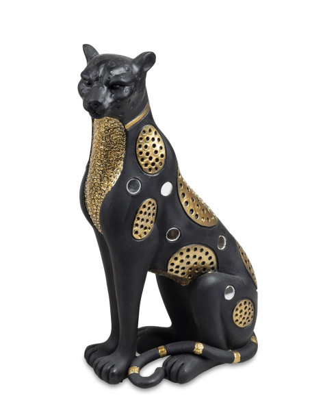 Moderne Skulptur Dekofigur Gepard stehend aus Kunststein schwarz/gold 16x25 cm