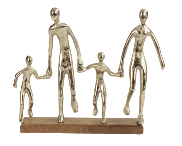 Modern sculpture metal family standing on wooden base silver width 38cm height 31 cm
