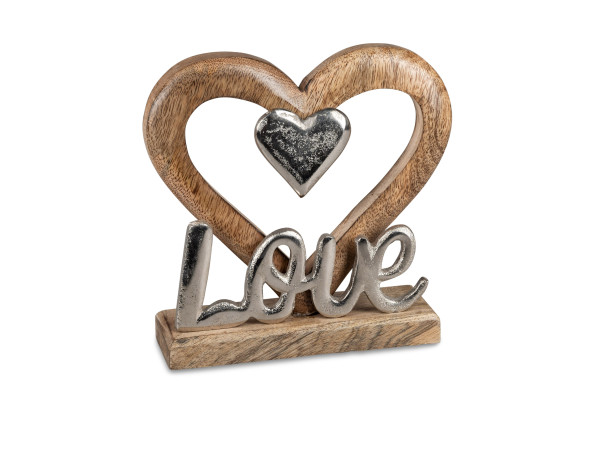Modern lettering stand-up decorative figure LOVE with heart in silver base made of mango wood 20x20 cm