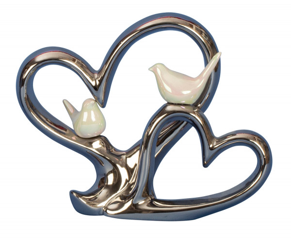 Modern sculpture decoration figure heart made of ceramic silver with 2 white birds 23x18 cm