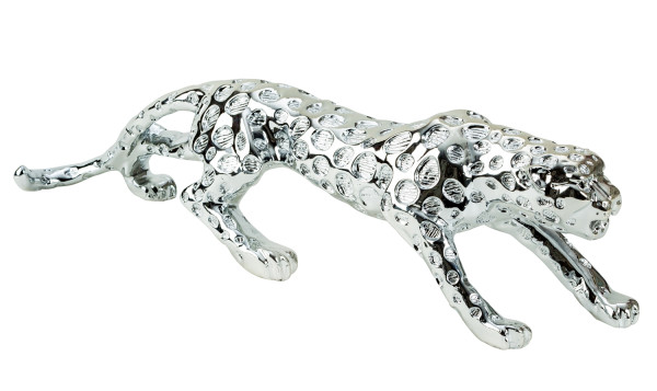 Moderne Skulptur Dekofigur Leopard aus Kunststein Silber 55x13 cm