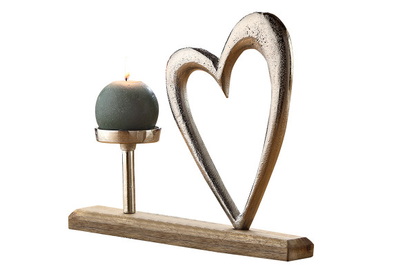 Moderne Skulptur Dekofigur Herz aus Aluminium auf Sockel aus Mangoholz Silber/braun 33x28 cm