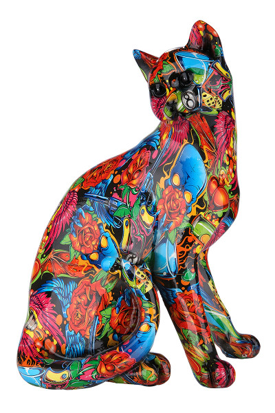 Moderne Skulptur Dekofigur Katze POP ART aus Kunststein Mehrfarbig 23x29 cm