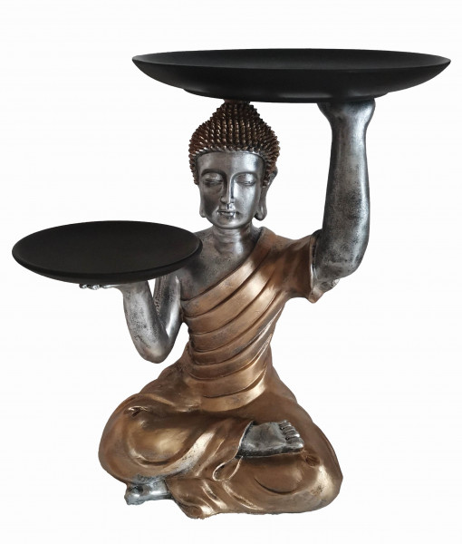 Moderne Skulptur Dekofigur Buddha inklusive 2 Schalen aus Kunststein Gold/Schwarz Höhe 34 cm