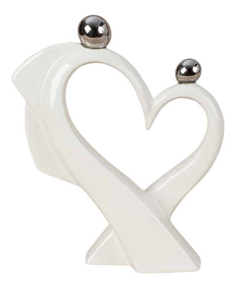 Moderne Skulptur Dekofigur Herz aus Porzellan weiß/Silber 21x24 cm
