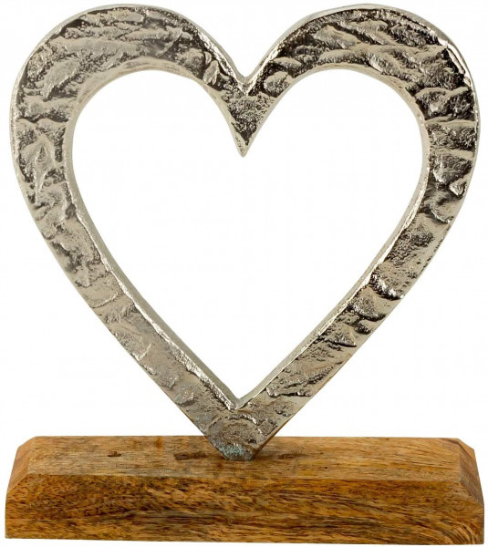 Modern sculpture decoration figure heart made of aluminum on wooden base silver / brown 15x16 cm