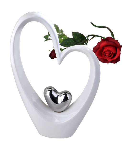 Moderne Skulptur in Form eines Herzens aus Keramik weiß/silber Höhe 25 cm