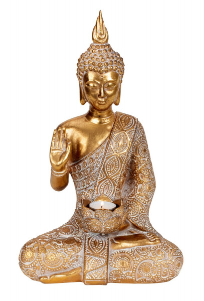 Moderne Skulptur Dekofigur Buddha aus Kunststein Gold/Braun Höhe 39 cm