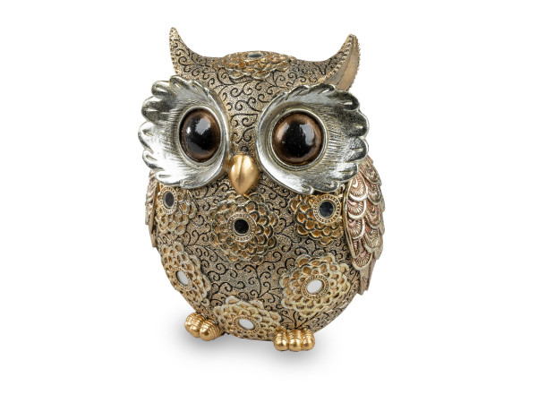 Modern sculpture decoration figure owl made of artificial stone gold silver height 16 cm