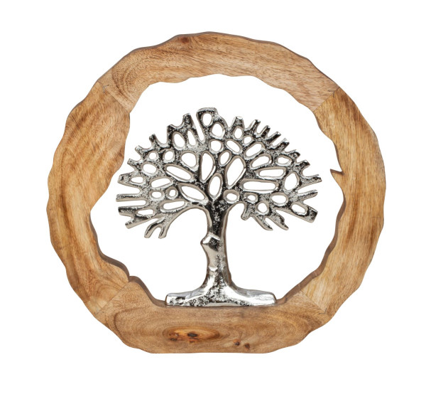Modern sculpture deco figure tree of life in a circle made of aluminum on base made of mango wood silver/brown D 35 cm