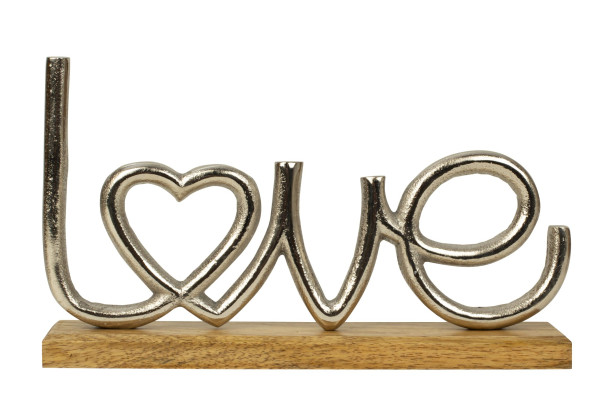 Modern lettering LOVE made of metal on a wooden base Width 26 cm Height 15 cm