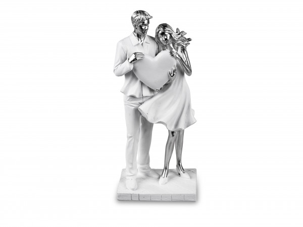 Moderne Skulptur Deko Figur Liebespaar auf Sockel weiß/Silber Höhe 27 cm