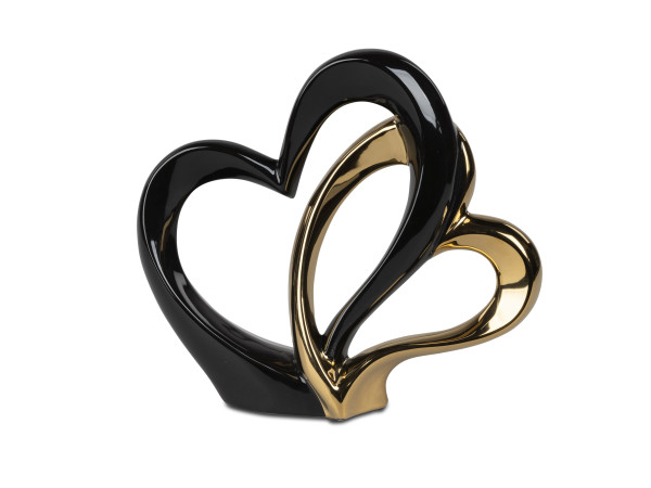 Moderne Skulptur Dekofigur in Form von Zwei Herzen aus Porzellan schwarz/gold 25x23 cm