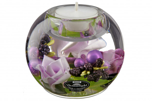 Moderner Teelichthalter Windlichthalter aus Glas mit Rosen lila Durchmesser 9 cm