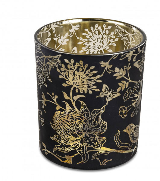 Moderner Teelichthalter Teelichtleuchte Windlicht aus Glas schwarz/gold Höhe 10 cm