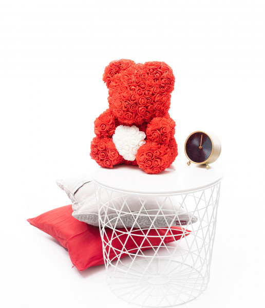 Rosenbär Blumenbär Teddybär Höhe 40 cm aus künstlichen Rosen tolle Geschenkmöglichkeit (Rot/Weiß)