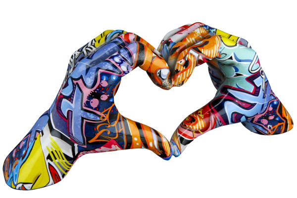 Moderne Skulptur Dekofigur Hand Heart aus Kunststein mehrfarbig 29x12 cm