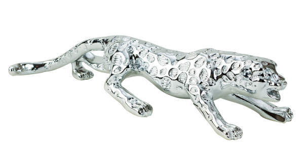 Modern sculpture decoration figure leopard made of artificial stone silver length 30 cm
