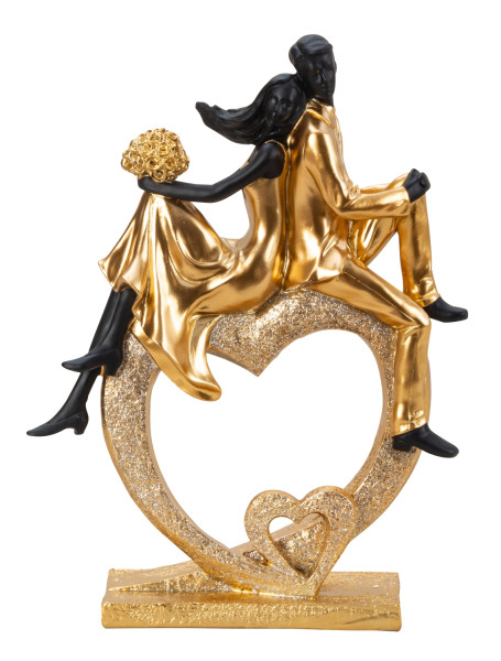 Skulptur Paar sitzend auf einem Herz gold aus Kunststein Höhe 33cm Breite 24,5cm
