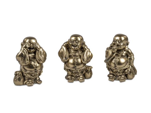 Modern sculpture decoration figure Buddha luck in a set of 3 made of artificial stone gold, height 11 cm