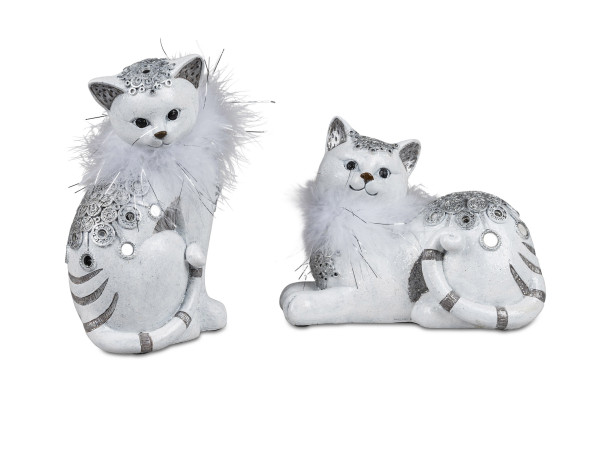 Modern sculpture decorative figure cat 2 pieces made of artificial stone white / silver 15 + 17 cm