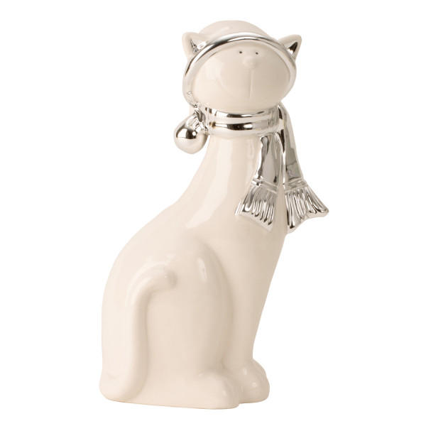 Modern sculpture decoration figure cat made of porcelain in white / silver height 25cm width 13cm