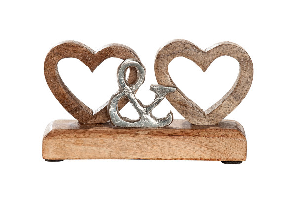 Modern sculpture decoration figure heart made of mango wood on base brown / silver 16x8 cm
