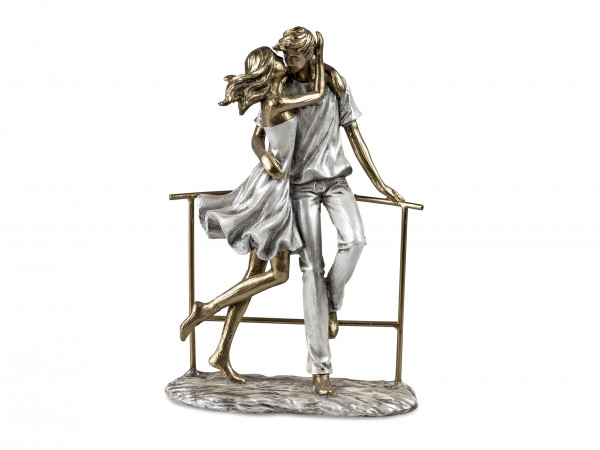 Moderne Skulptur Deko Figur Liebespaar auf Sockel silber/gold 17x25 cm