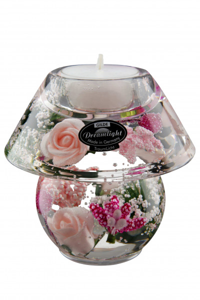 Moderner Teelichthalter Windlichthalter mit Rosen rosa/gold aus Glas Höhe 10 cm