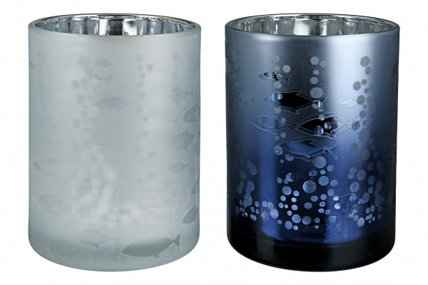 Moderner Teelichthalter Teelichtleuchte Windlicht Seaworld aus Glas blau 10x12,5 cm