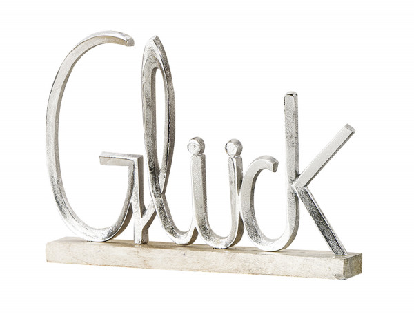 Modern lettering GLÜCK silver on mango wood 41x5x29 cm