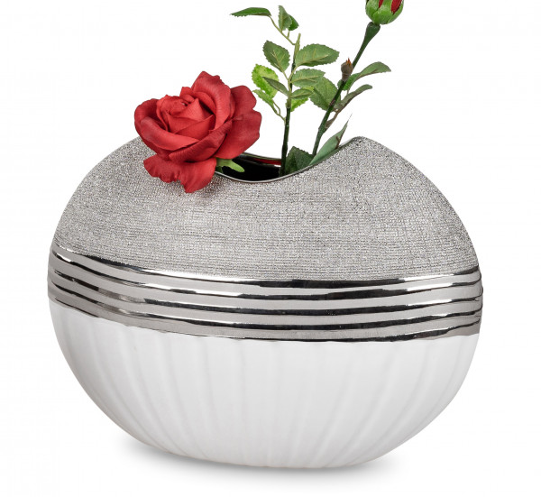 Moderne Dekovase Blumenvase Tischvase Vase aus Keramik weiß/silber 20x17 cm