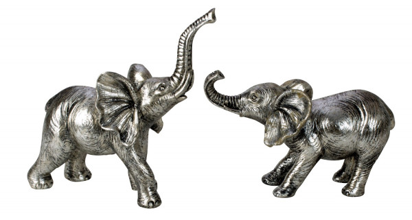 Moderne Deko Skulptur Elefant im 2er Set aus Kunststein silber 18x23 cm und 22x14 cm