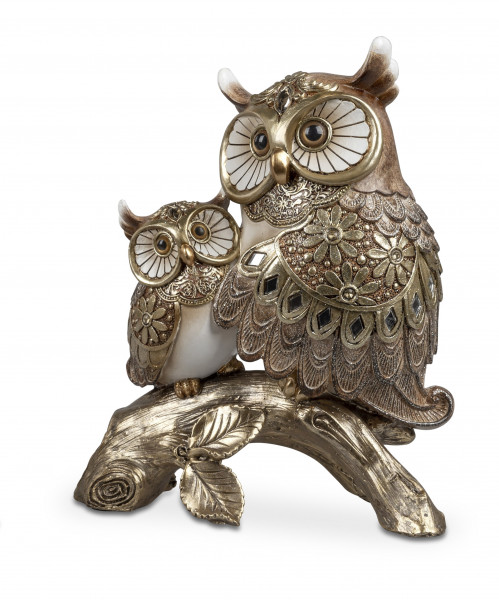Modern sculpture decorative figure owl couple made of artificial stone Luxor Gold, height 22 cm
