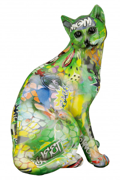 Moderne Skulptur Dekofigur Katze POP ART aus Kunststein Mehrfarbig 22x28 cm