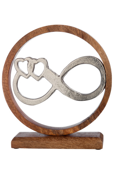 Modern sculpture decoration figure infinity in a circle made of aluminum on a base made of mango wood silver / brown 24x26 cm