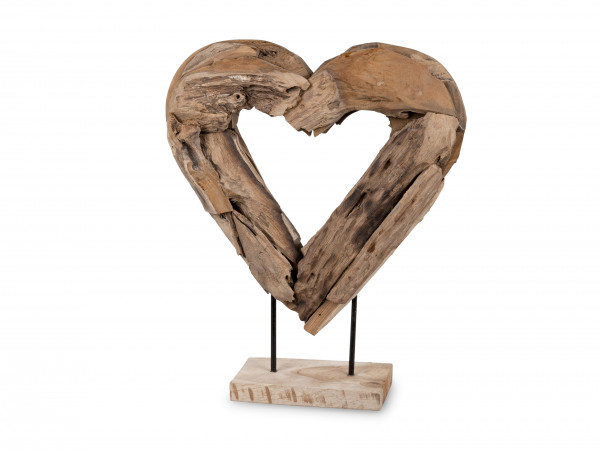Moderne Skulptur Dekofigur Herz Liebe aus massivem Teak Holz auf Sockel braun 42x50 cm