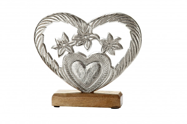 Modern sculpture decoration figure heart made of aluminum on base made of mango wood silver / brown 20x18 cm