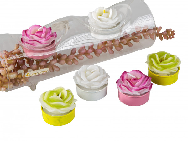 Beautiful Tea Layer Tea light Candles Flowers white-t/pink/green in 6 pack height 4 cm