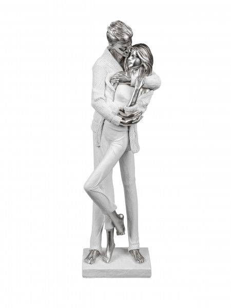 Moderne Skulptur Deko Figur Liebespaar auf Sockel weiß/Silber Höhe 46 cm
