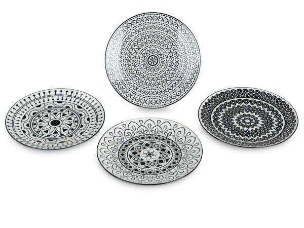Set of 4 high-quality dessert plates made of porcelain, Bohemian series, black, Ø 22 cm, dishwasher and microwave safe