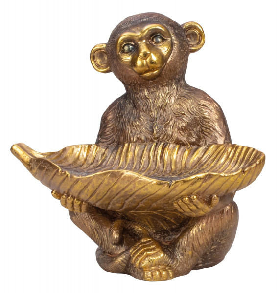 Modern sculpture decoration figure monkey with bowl made of artificial stone antique gold 38x36 cm