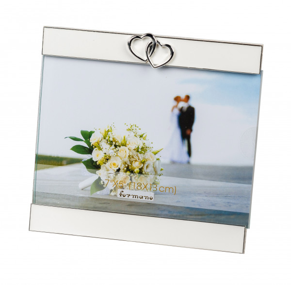 Moderner Bilderrahmen Fotorahmen Hochzeit aus Aluminium weiß mit silbernen Herzen 13x18 cm