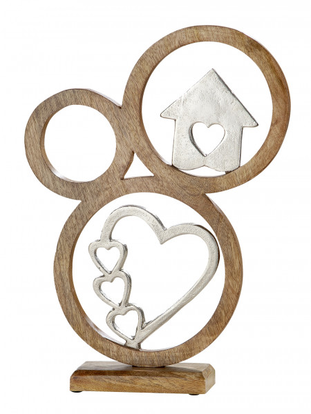 Moderne Skulptur Dekofigur Herz und Schriftzug Home aus Aluminium auf Sockel aus Mangoholz Silber/br