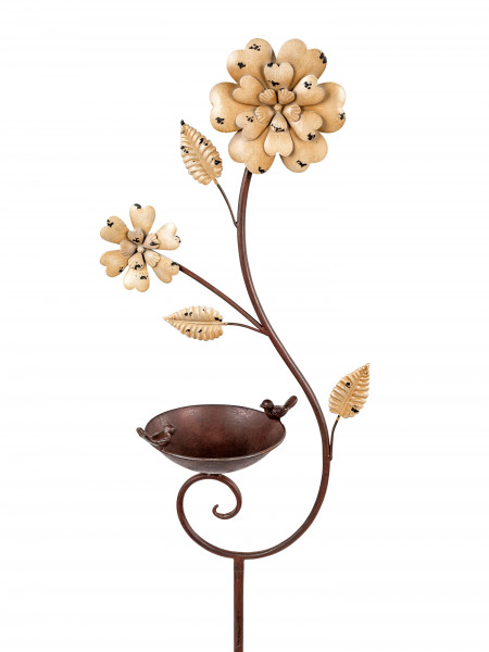 Bird bath and flower plug Frost-proof made of antique metal with stick rod Standing in the shape of a bowl Bird feeder 38x130 cm