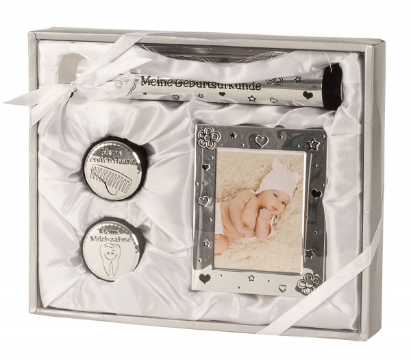 Baby Set in silver, including photo frames, 2 doses and tube 22 x 26.5 cm