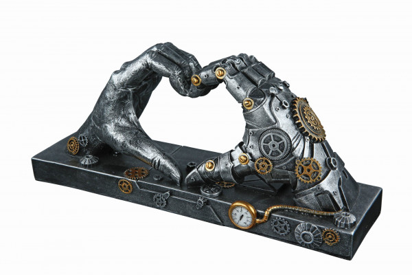 Modern sculpture decorative figure hand heart in steampunk look made of gray artificial stone 35x16 cm