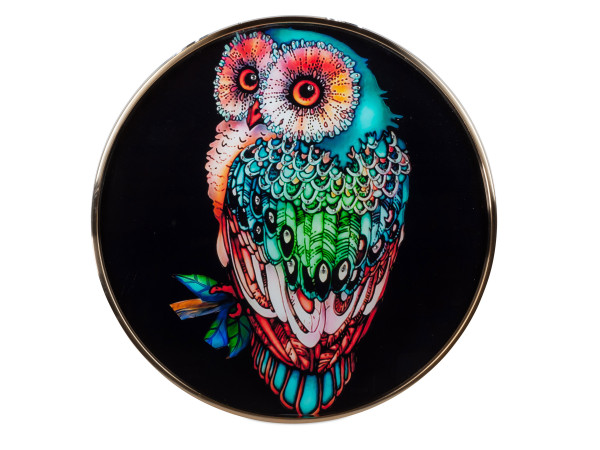 Wonderful mural owl including a golden metal frame, glass pane refined with attached crystal stones, D 60 cm