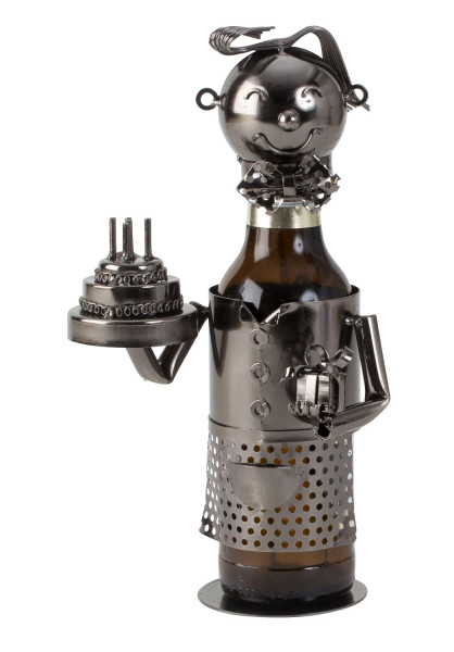 Moderner Flaschenhalter Bierflaschenständer Geburtstag aus Metall in silber Höhe 24 cm